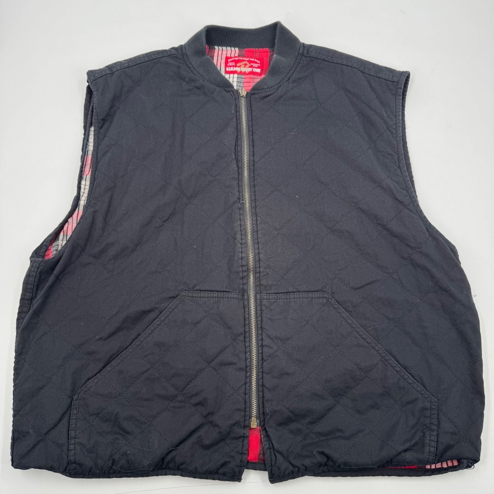 Marlboro‎ Country Store Reversible Quilted Vest Black Red Plaid Pockets Size L